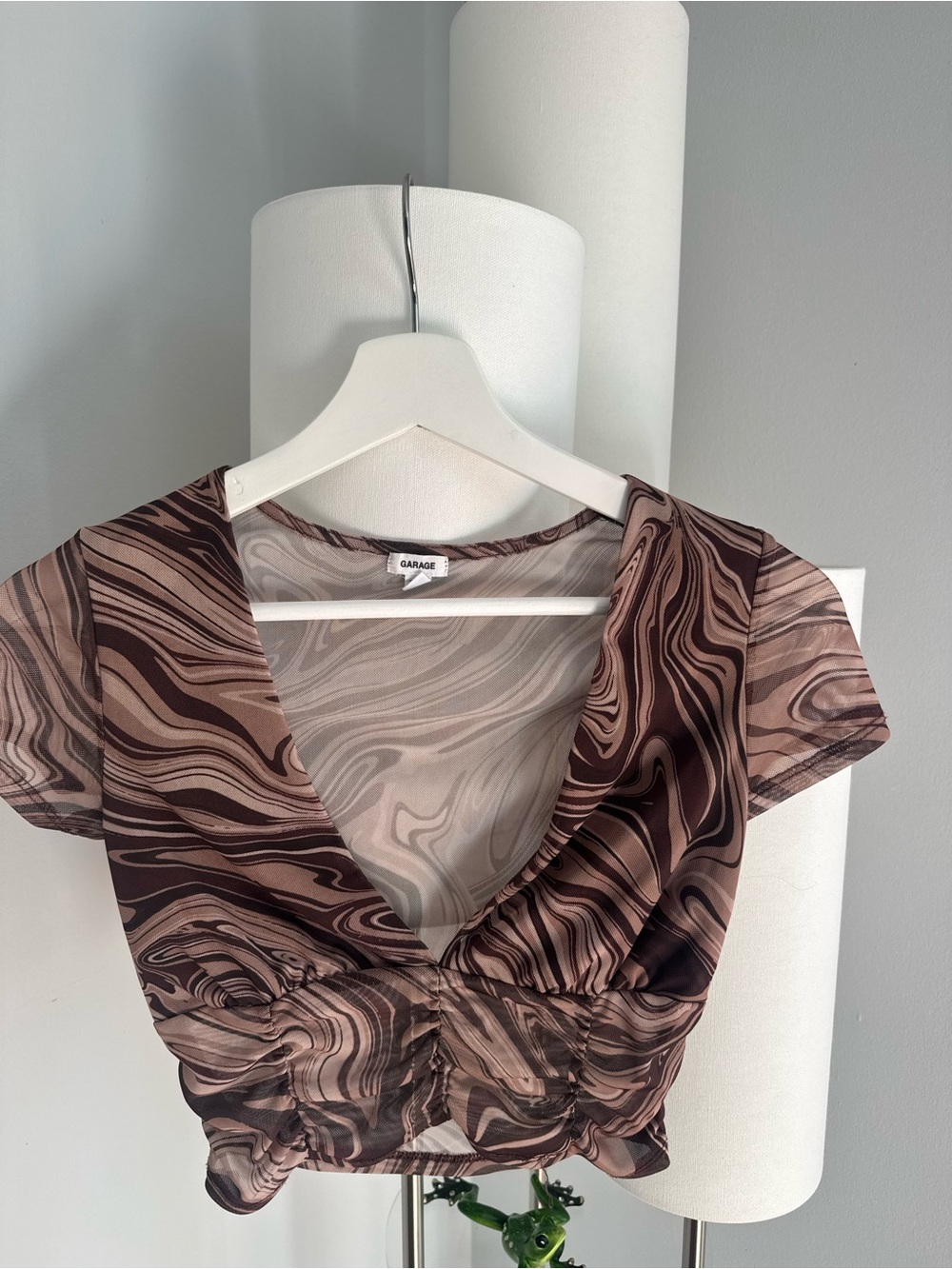 Garage Brown Marble-Print Mesh Crop Top